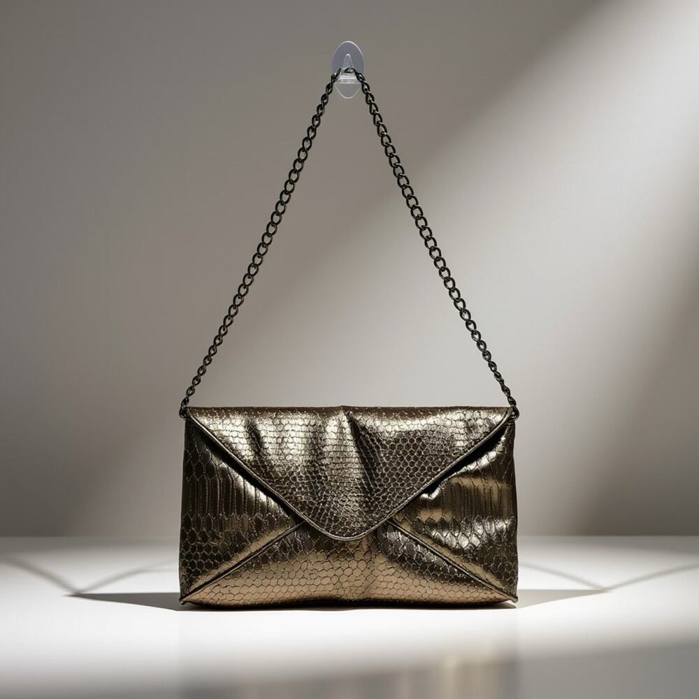 VTG 90s Jessica McClintock Evening Bag Purse Clutch Silver Shiny Snake Embossed